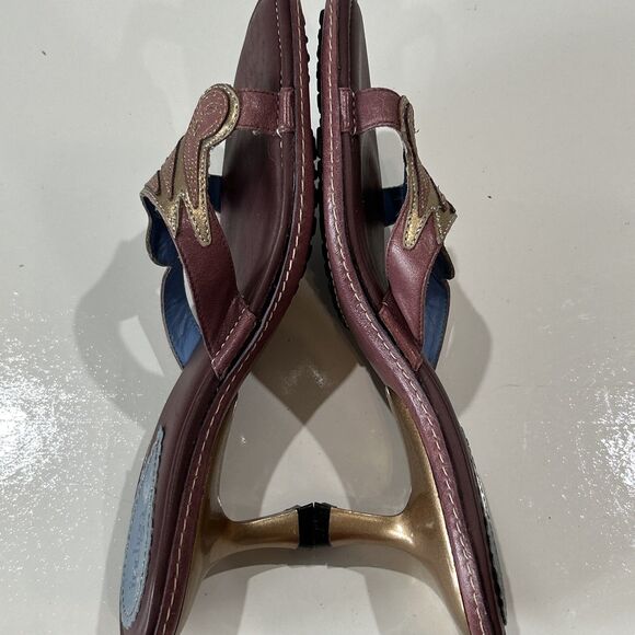 Clarks Indigo Purple Leather Open Toe Sandals Gold Kitten Heels Embroidered 9 - Picture 7 of 10